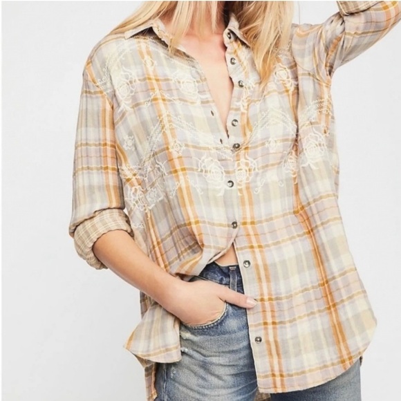 Free People Tops - FREE PEOPLE Magical Plaid Yellow Embroidered Shirt